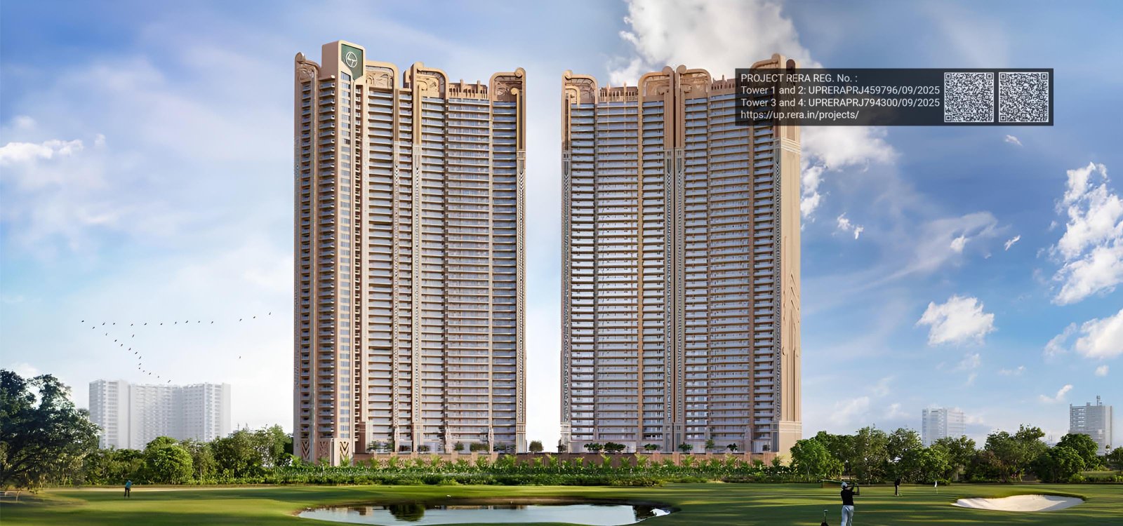Evening view of L&T Green Reserve's illuminated towers